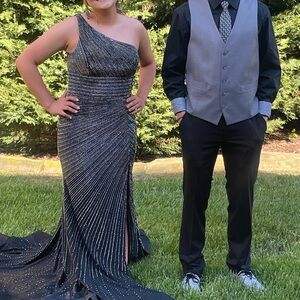 Sherri Hill Black and Silver One-Shoulder Prom Dress